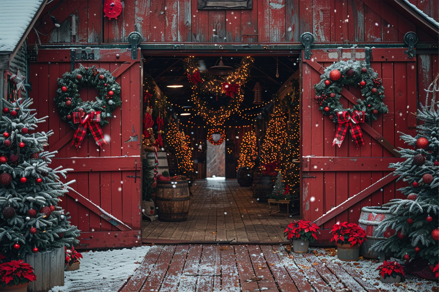 Rustic Barn Christmas Tree Wreath Wonderland Backdrop BRP9-117