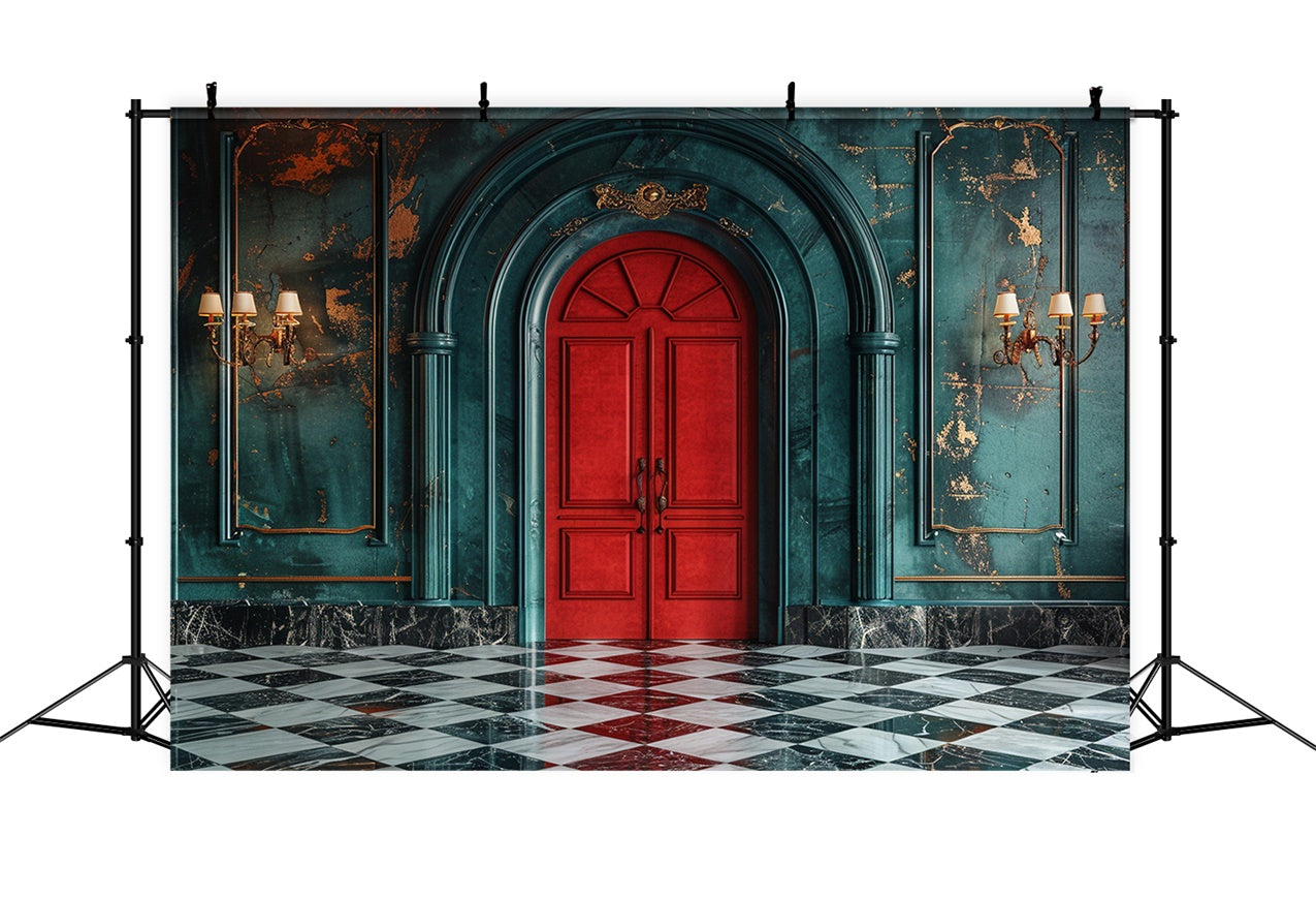 Classic Red Door with Elegant Teal Walls Backdrop BRP9-118