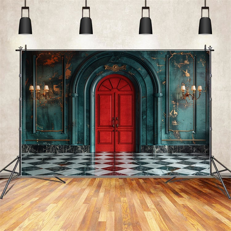 Classic Red Door with Elegant Teal Walls Backdrop BRP9-118