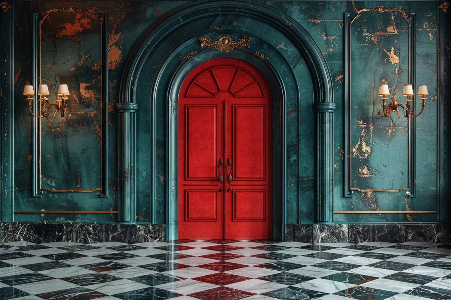 Classic Red Door with Elegant Teal Walls Backdrop BRP9-118