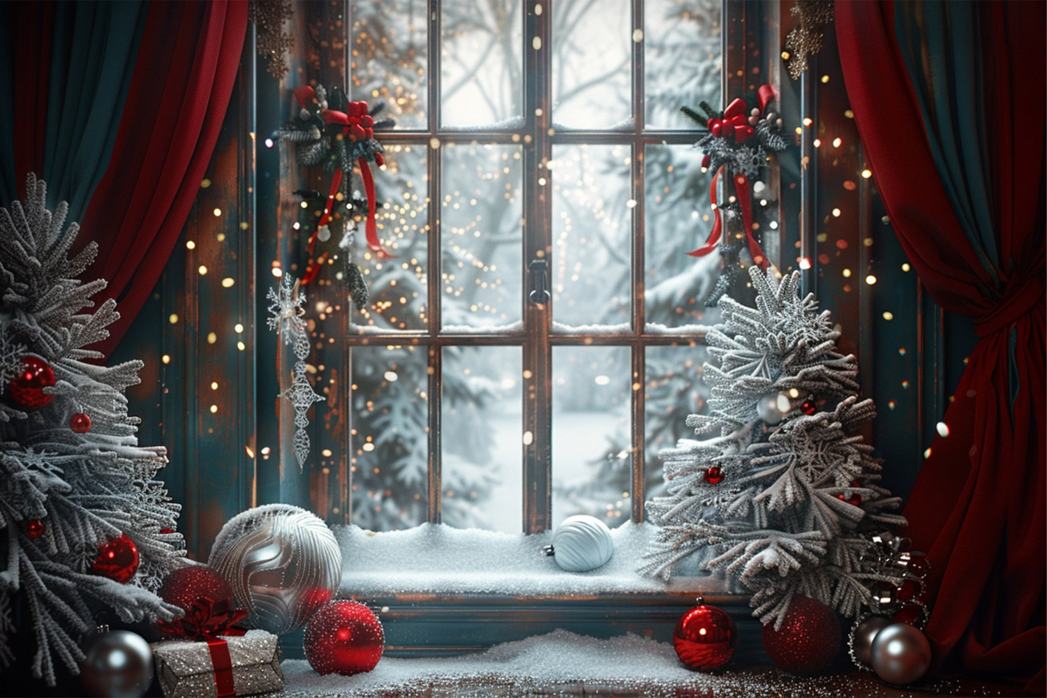 Red and Green Decor Frosty Window Christmas Backdrop BRP9-121