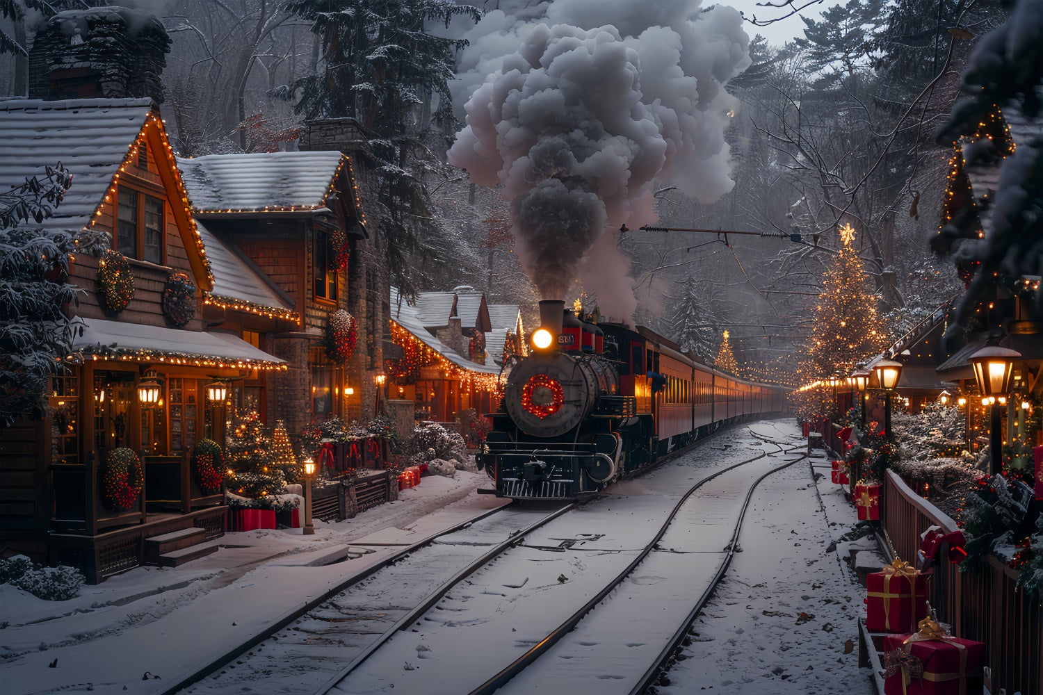 Christmas Steam Train Decorated Village Winter Backdrop BRP9-122