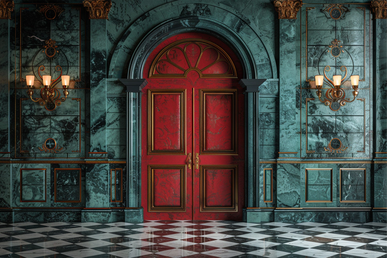 Royal Red Door and Opulent Marble Hallway Backdrop BRP9-123