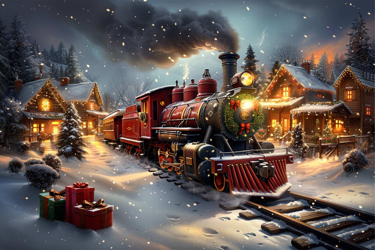 Classic Christmas Train and Snowy Cabin Backdrop BRP9-124