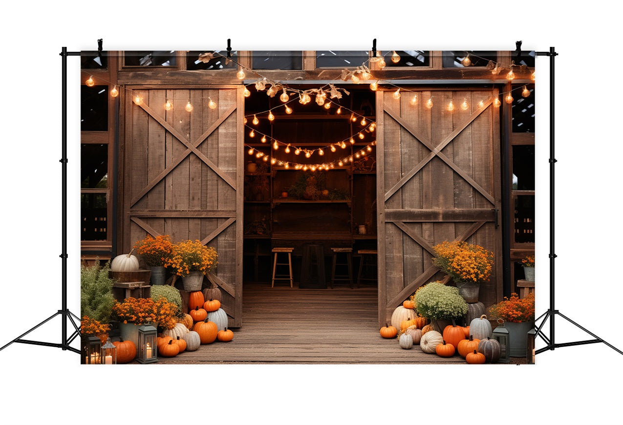 Cozy Farmhouse Barn Fall Pumpkins Lights Backdrop BRP9-129