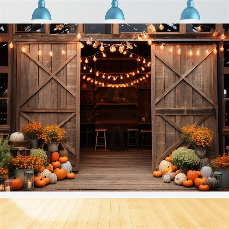 Cozy Farmhouse Barn Fall Pumpkins Lights Backdrop BRP9-129