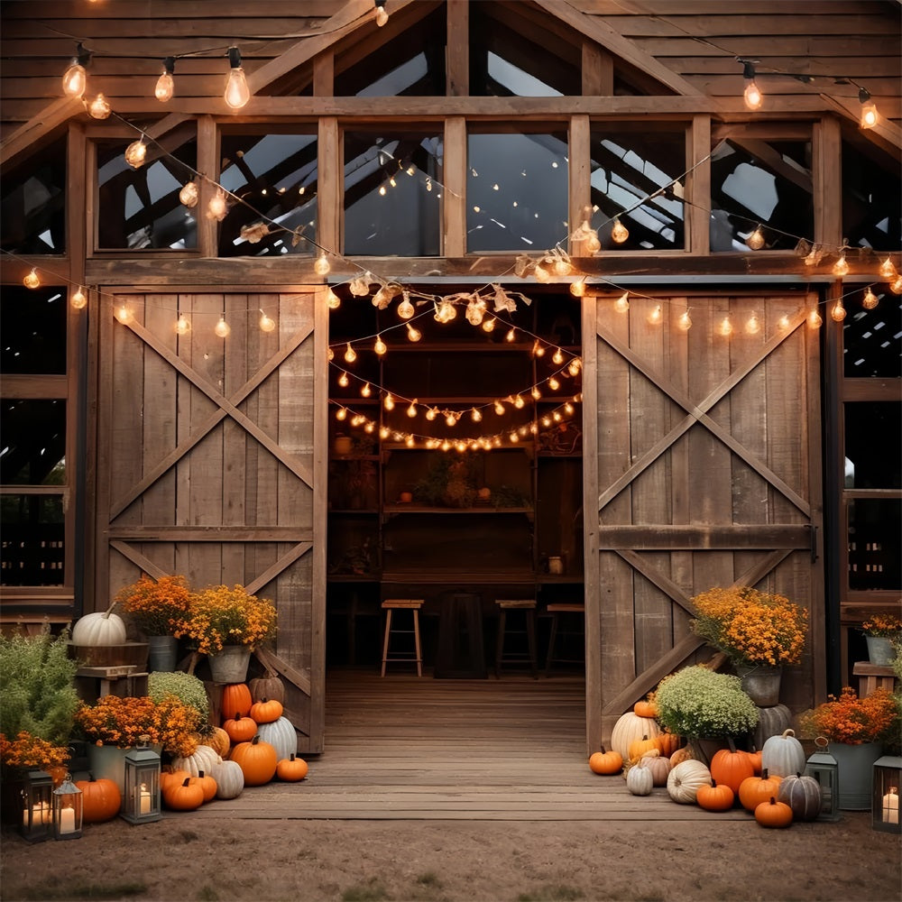 Cozy Farmhouse Barn Fall Pumpkins Lights Backdrop BRP9-129