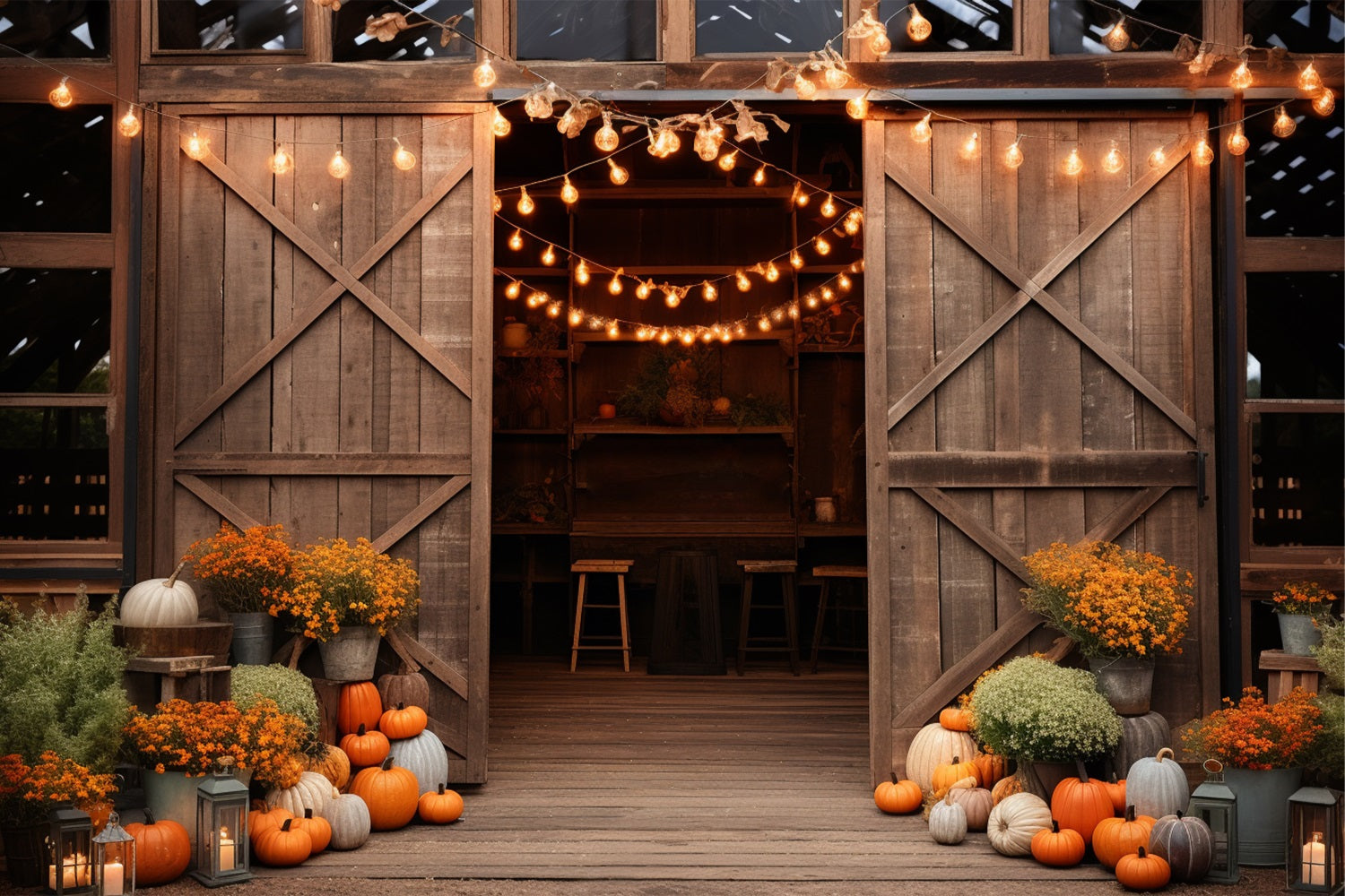 Cozy Farmhouse Barn Fall Pumpkins Lights Backdrop BRP9-129