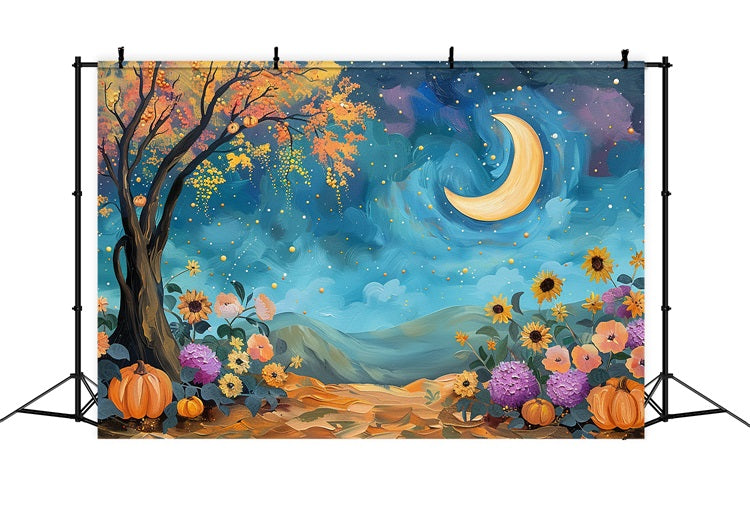 Mystical Night Sky Moon Fall Flowers Backdrop BRP9-130