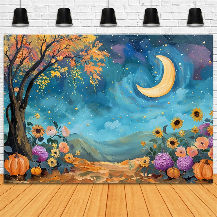 Mystical Night Sky Moon Fall Flowers Backdrop BRP9-130