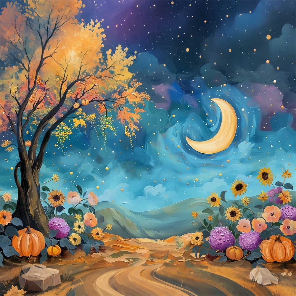 Mystical Night Sky Moon Fall Flowers Backdrop BRP9-130