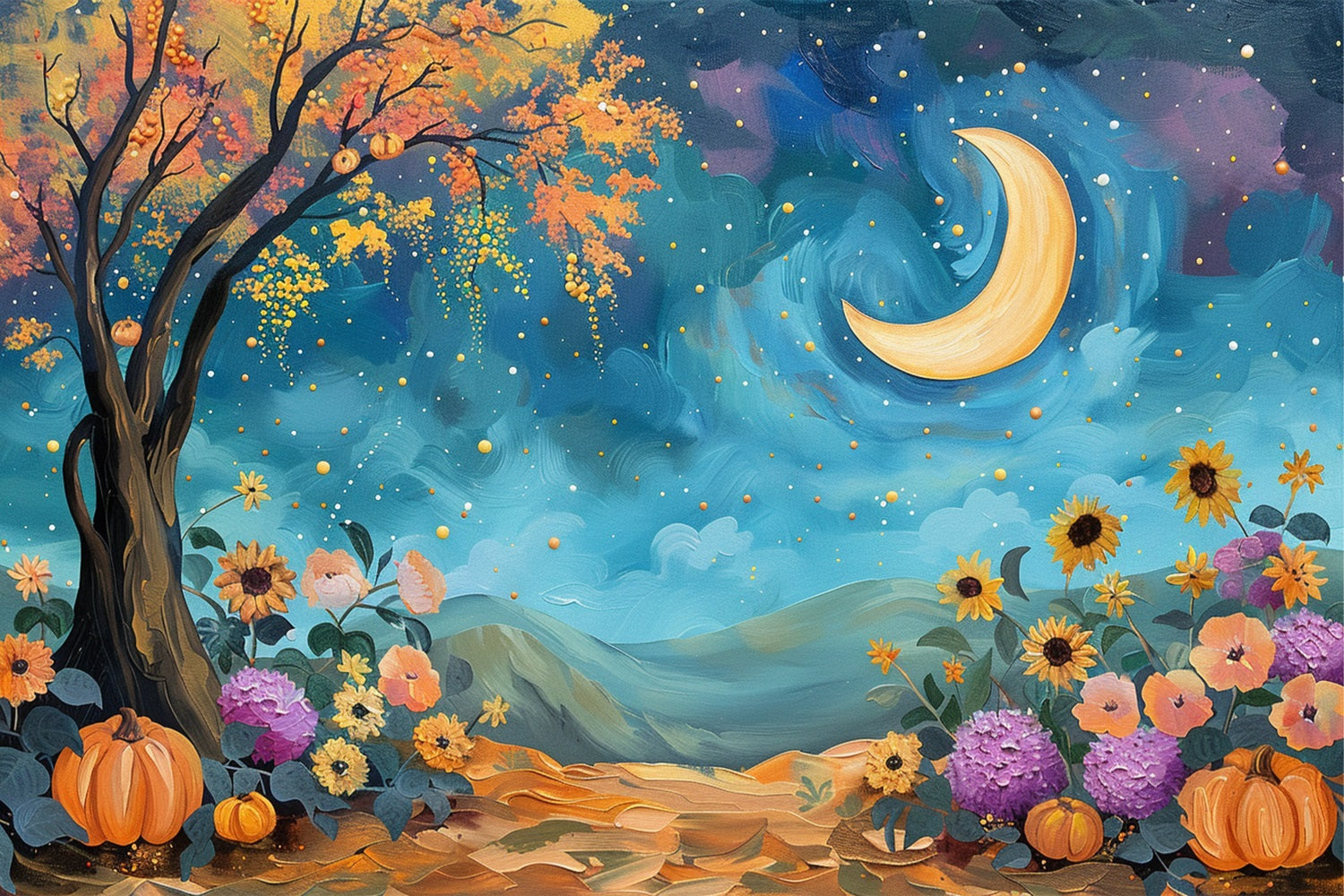 Mystical Night Sky Moon Fall Flowers Backdrop BRP9-130