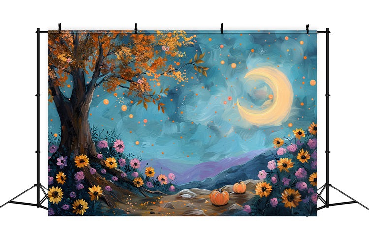 Moonlit Autumn Tree Starry Sky Flowers Backdrop BRP9-131