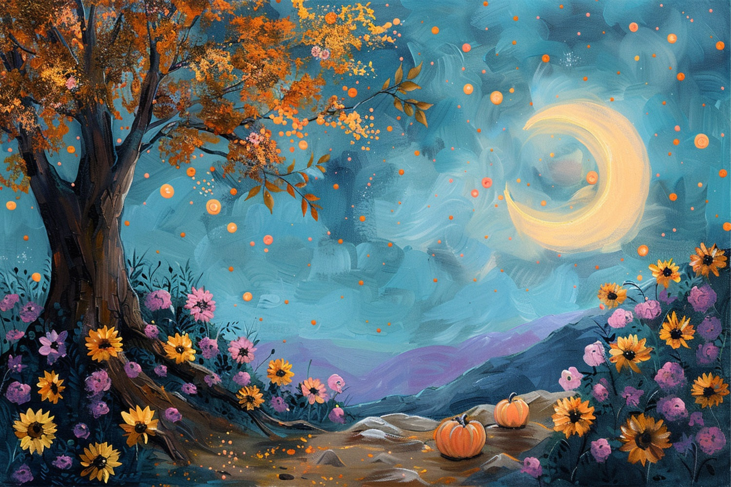 Moonlit Autumn Tree Starry Sky Flowers Backdrop BRP9-131