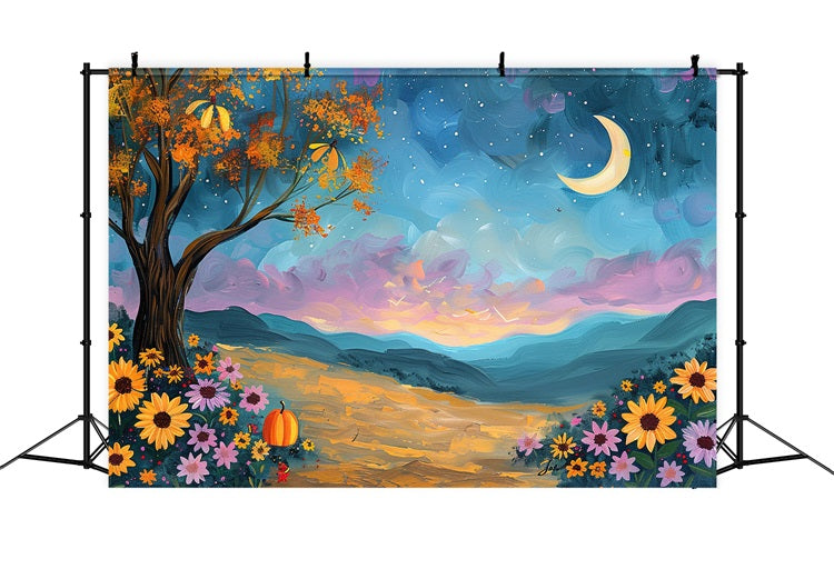 Autumn Tree Moonlit Sky Flowers Backdrop BRP9-132