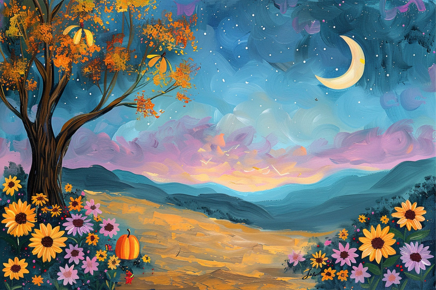 Autumn Tree Moonlit Sky Flowers Backdrop BRP9-132