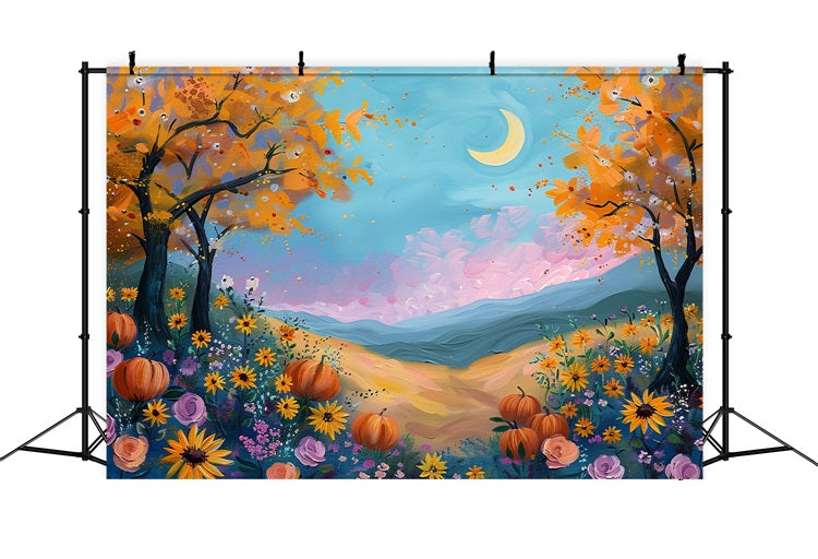 Moonlight Fall Field Pumpkins Flowers Backdrop BRP9-133