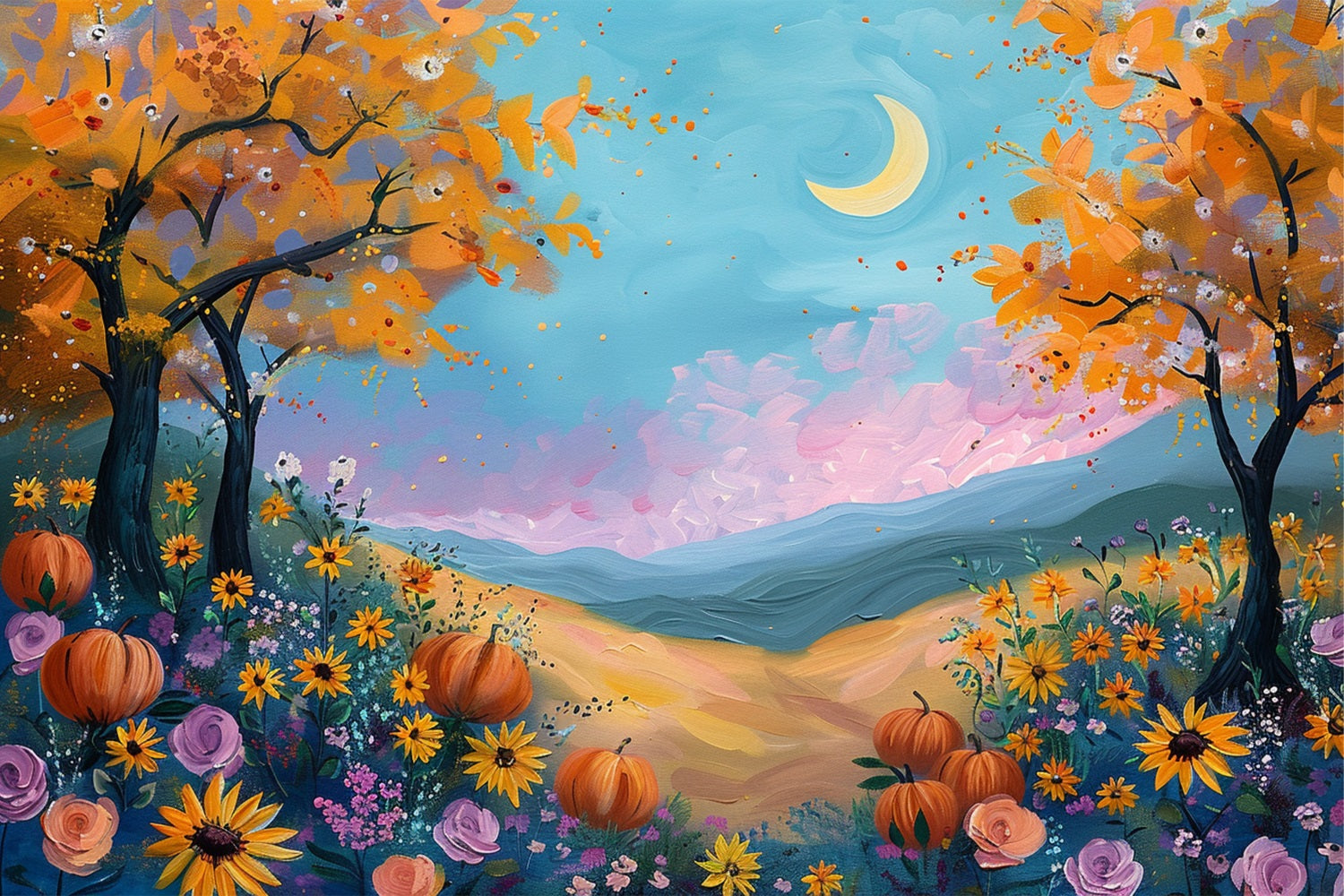 Moonlight Fall Field Pumpkins Flowers Backdrop BRP9-133