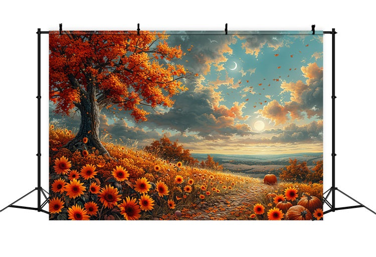 Sunlit Hillside Fall Flowers Crescent Moon Backdrop BRP9-134