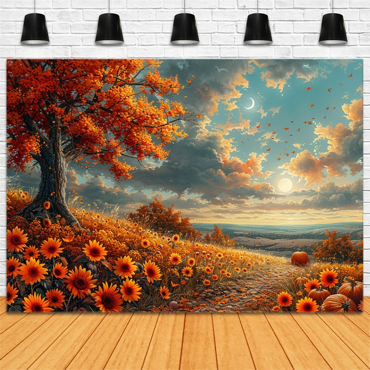 Sunlit Hillside Fall Flowers Crescent Moon Backdrop BRP9-134