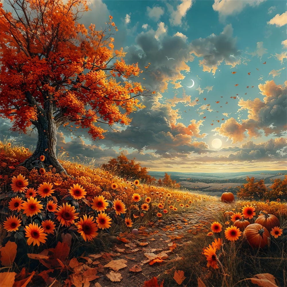 Sunlit Hillside Fall Flowers Crescent Moon Backdrop BRP9-134