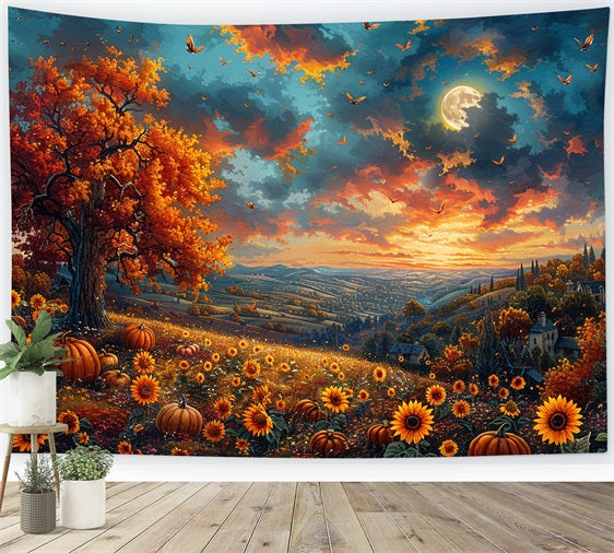 Autumn Tree Sunflowers Glowing Sky Backdrop BRP9-135