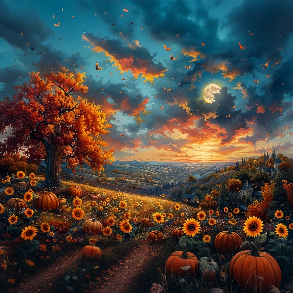 Autumn Tree Sunflowers Glowing Sky Backdrop BRP9-135