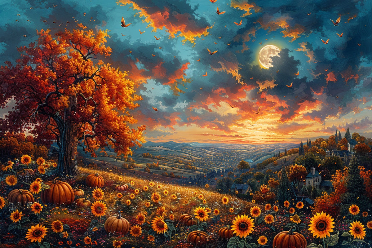 Autumn Tree Sunflowers Glowing Sky Backdrop BRP9-135