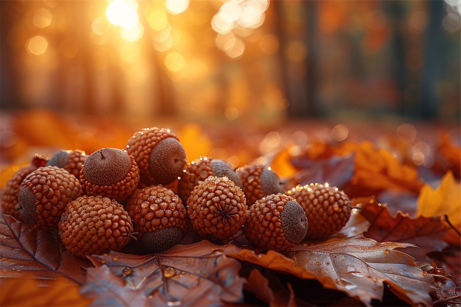 Dewy Acorns Resting Autumn Leaves Backdrop BRP9-138