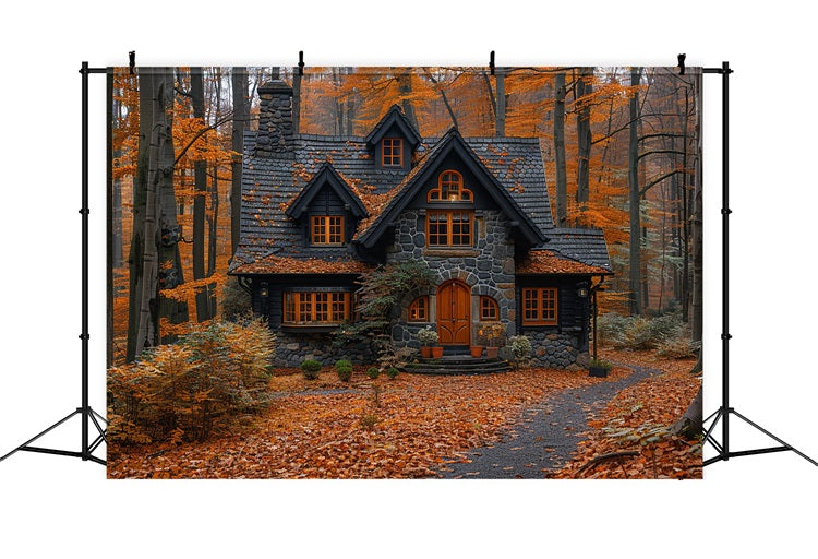 Fall Leaves Covering Quaint Forest Cottage Backdrop BRP9-143