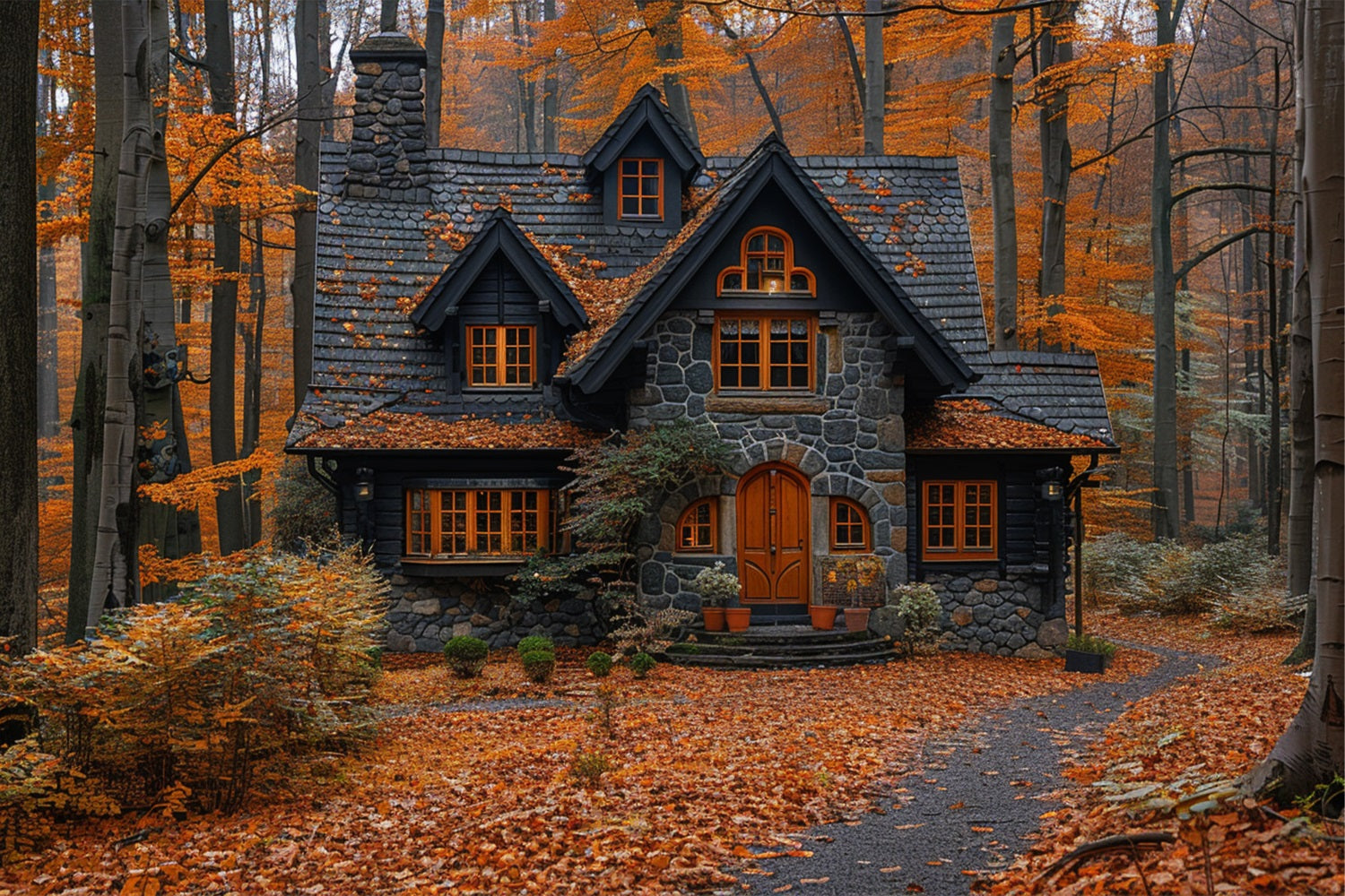 Fall Leaves Covering Quaint Forest Cottage Backdrop BRP9-143