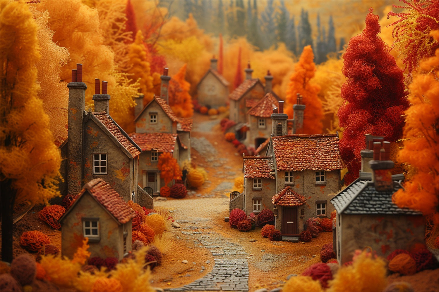 Storybook Fall Village Warm Orange Trees Backdrop BRP9-149