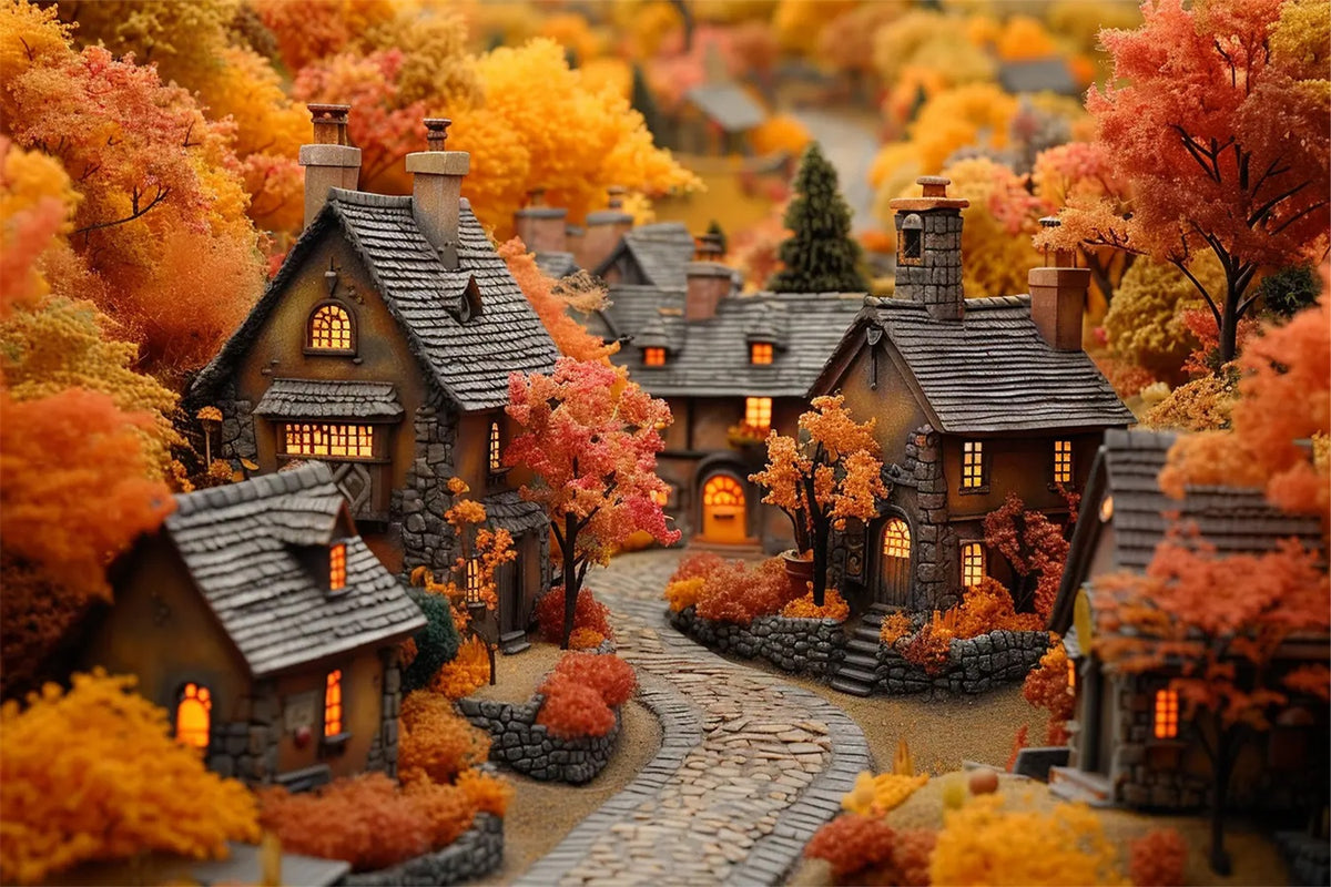 Fall Village Glowing Cottage Windows Backdrop BRP9-151