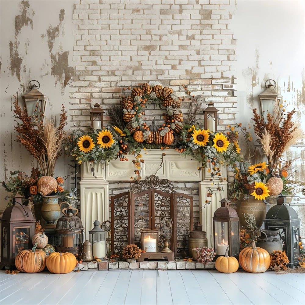 Fall Harvest Fireplace Pumpkins Sunflowers Backdrop BRP9-156