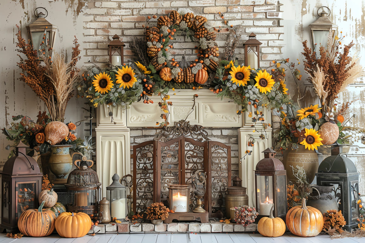 Fall Harvest Fireplace Pumpkins Sunflowers Backdrop BRP9-156