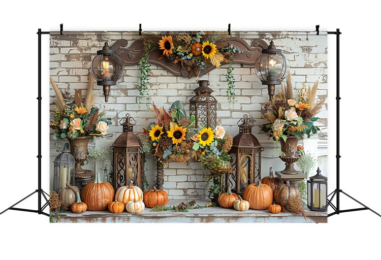 Vintage Lanterns Pumpkins Fall Mantel Backdrop BRP9-157