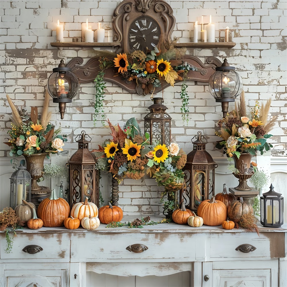 Vintage Lanterns Pumpkins Fall Mantel Backdrop BRP9-157