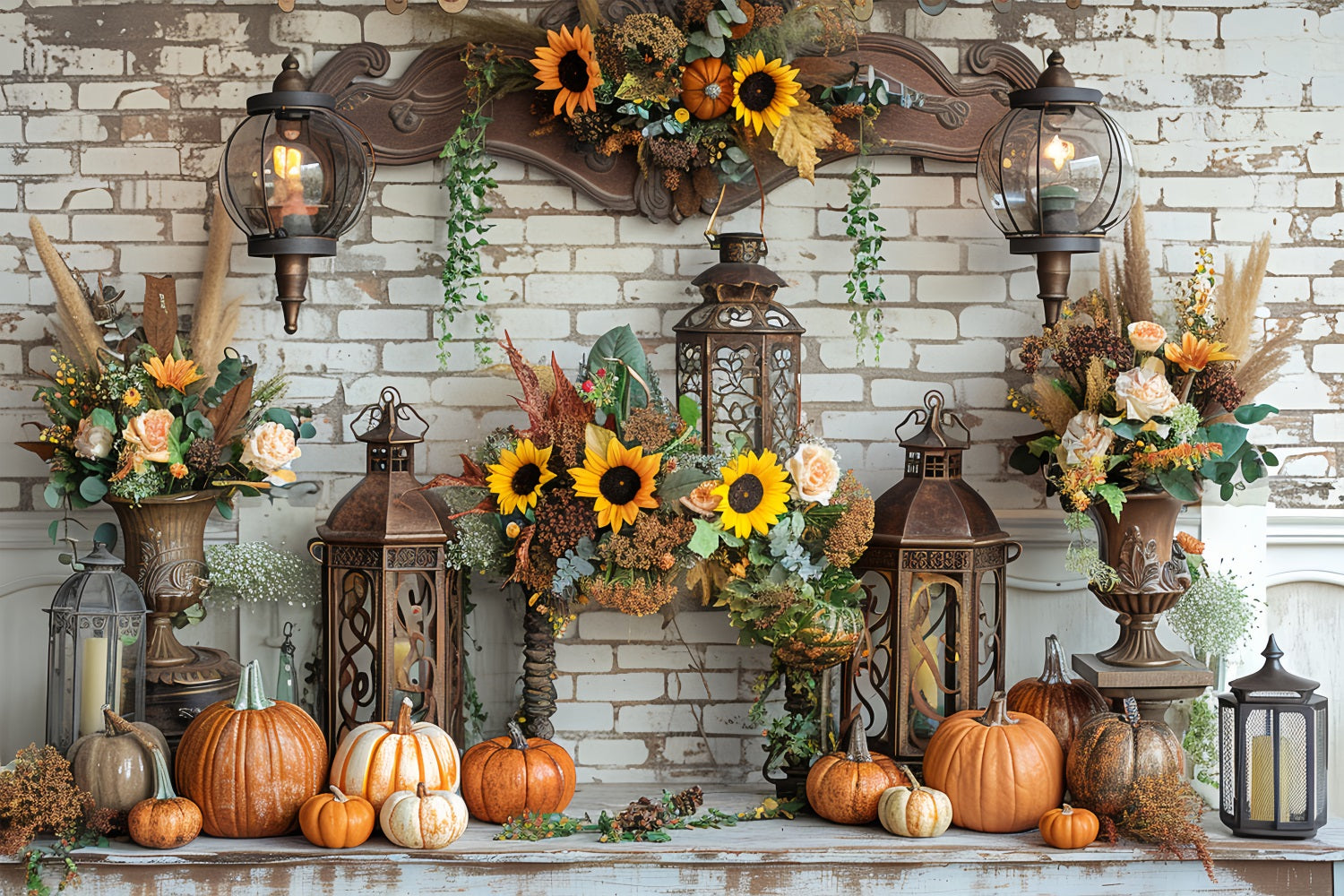 Vintage Lanterns Pumpkins Fall Mantel Backdrop BRP9-157