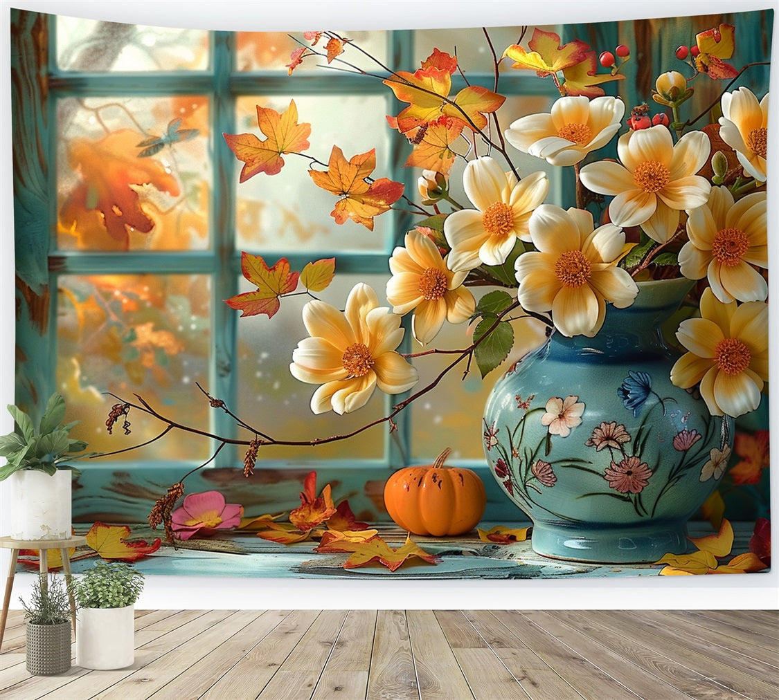 Fall Window Scene Pumpkin Flowers Backdrop BRP9-168