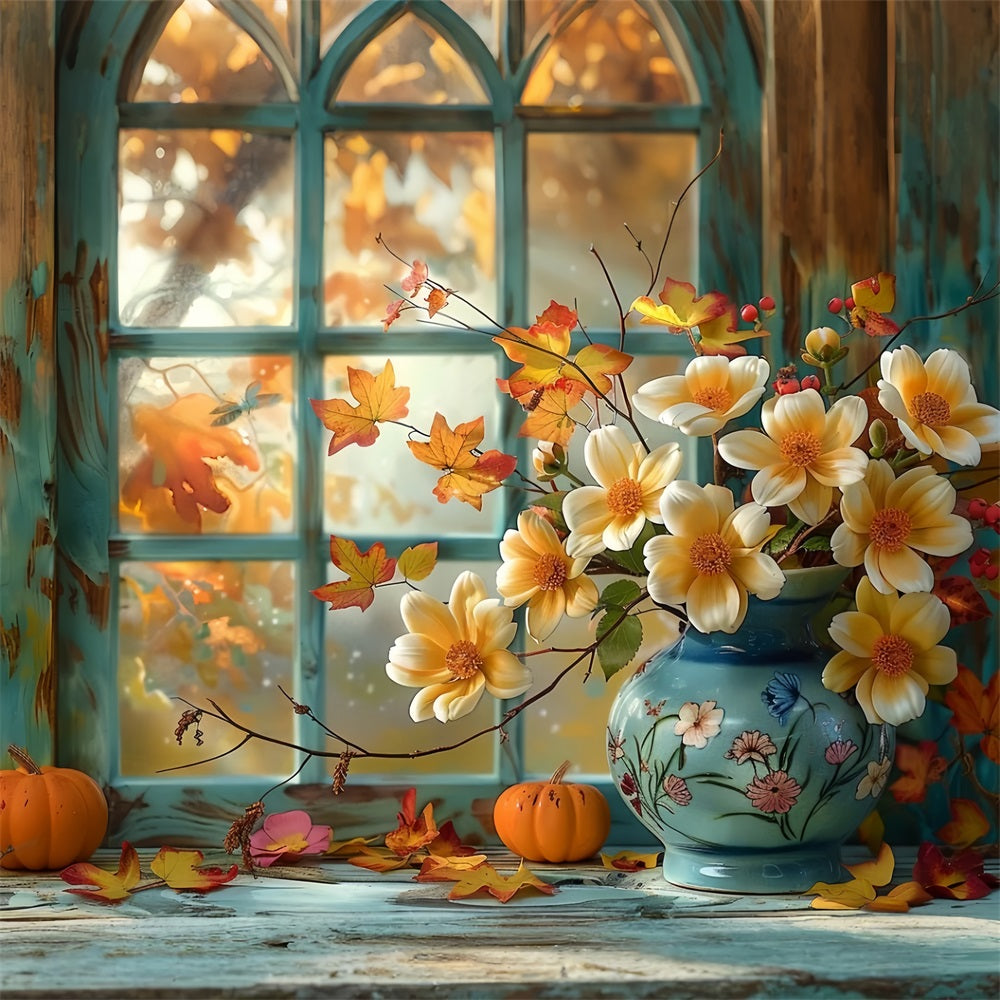 Fall Window Scene Pumpkin Flowers Backdrop BRP9-168