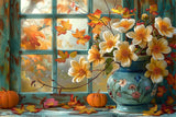 Fall Window Scene Pumpkin Flowers Backdrop BRP9-168