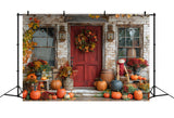 Autumn Porch Red Door Pumpkins Decor Backdrop BRP9-172