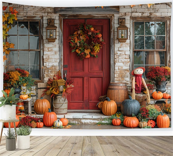 Autumn Porch Red Door Pumpkins Decor Backdrop BRP9-172