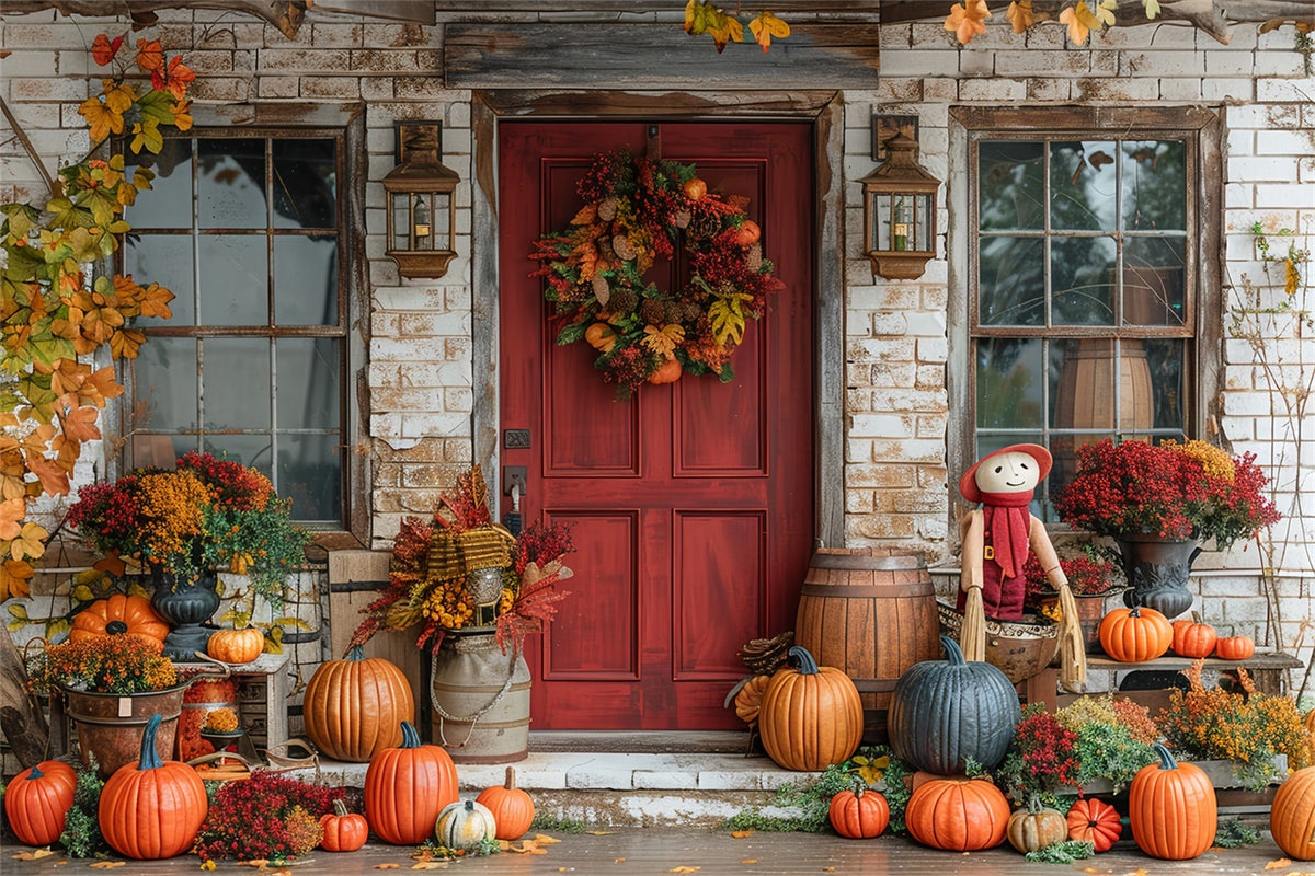 Autumn Porch Red Door Pumpkins Decor Backdrop BRP9-172