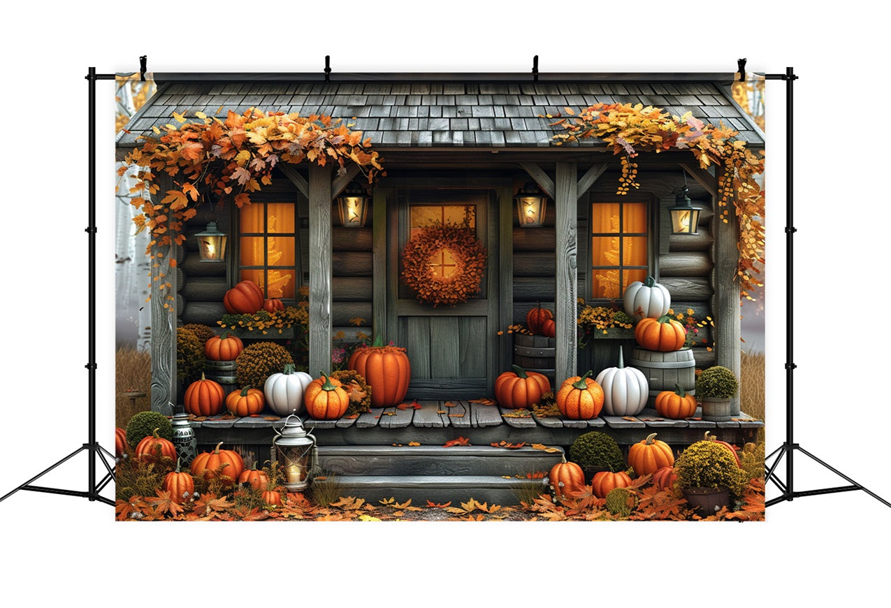 Fall Cabin Pumpkins Autumn Leaves Backdrop BRP9-174