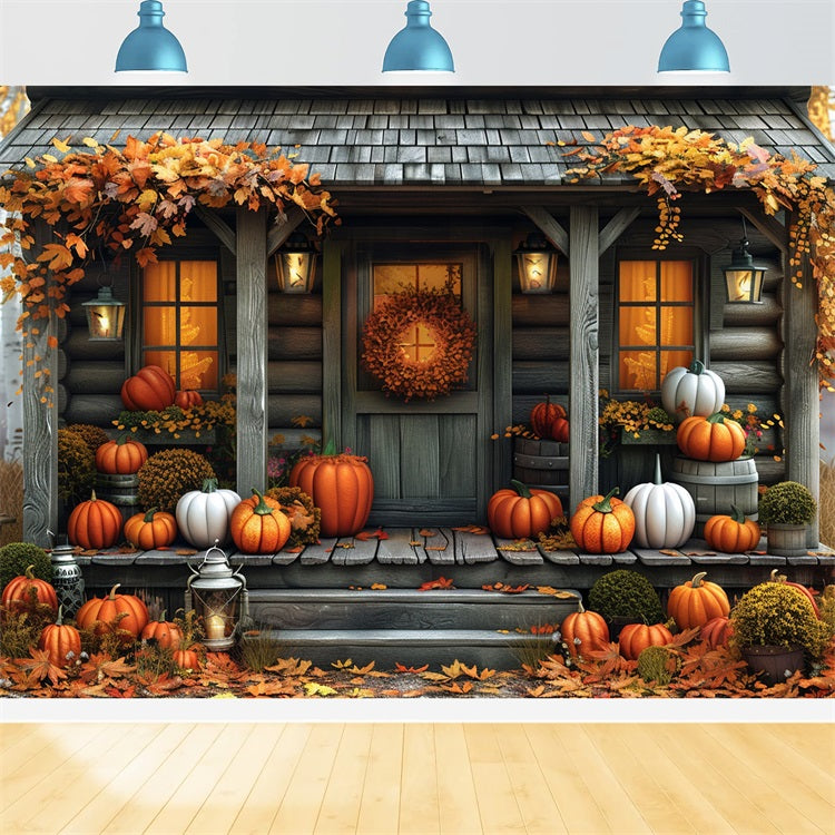 Fall Cabin Pumpkins Autumn Leaves Backdrop BRP9-174