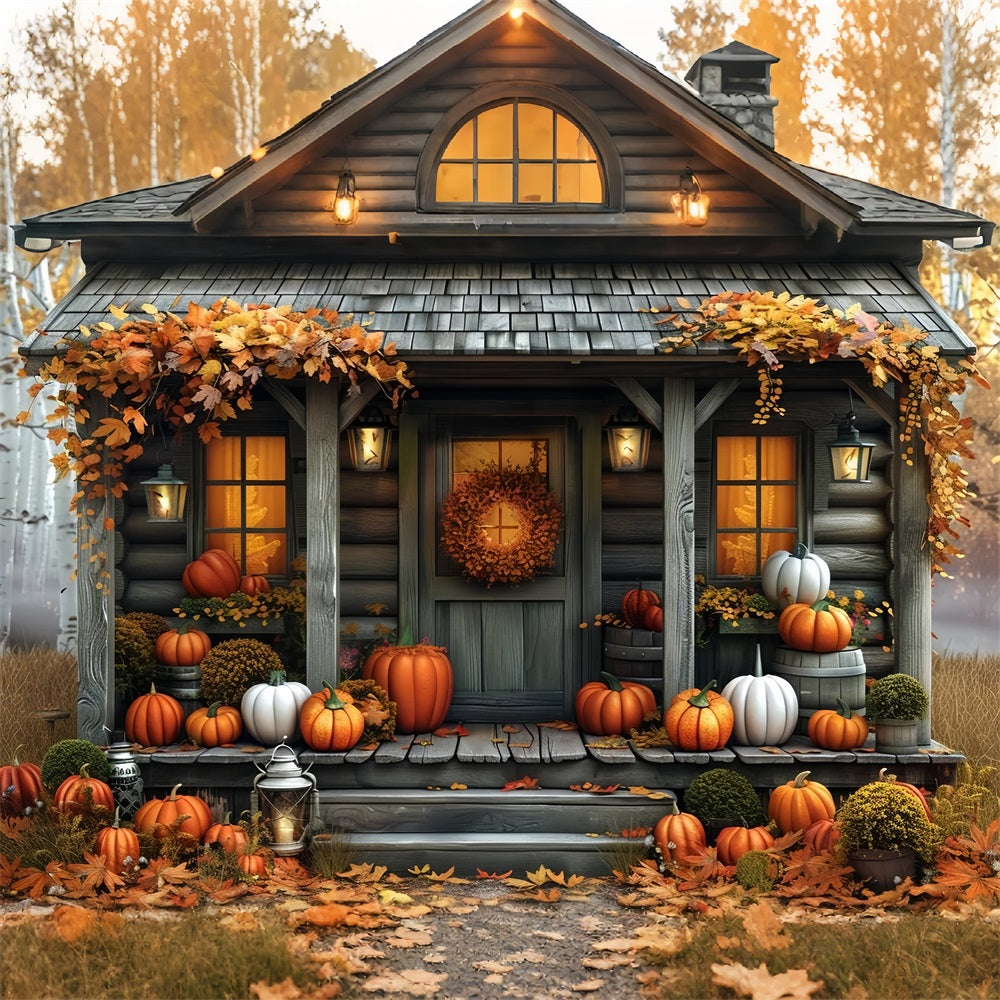 Fall Cabin Pumpkins Autumn Leaves Backdrop BRP9-174