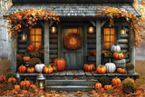 Fall Cabin Pumpkins Autumn Leaves Backdrop BRP9-174