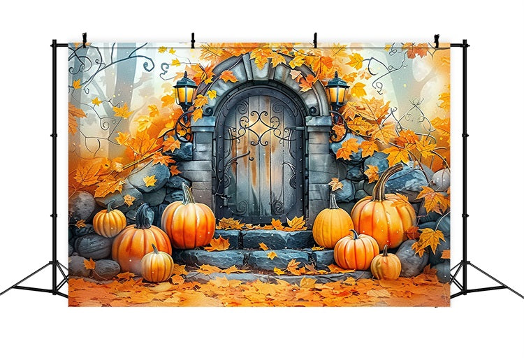 Charming Stone Door Pumpkins Fall Leaves Backdrop BRP9-175