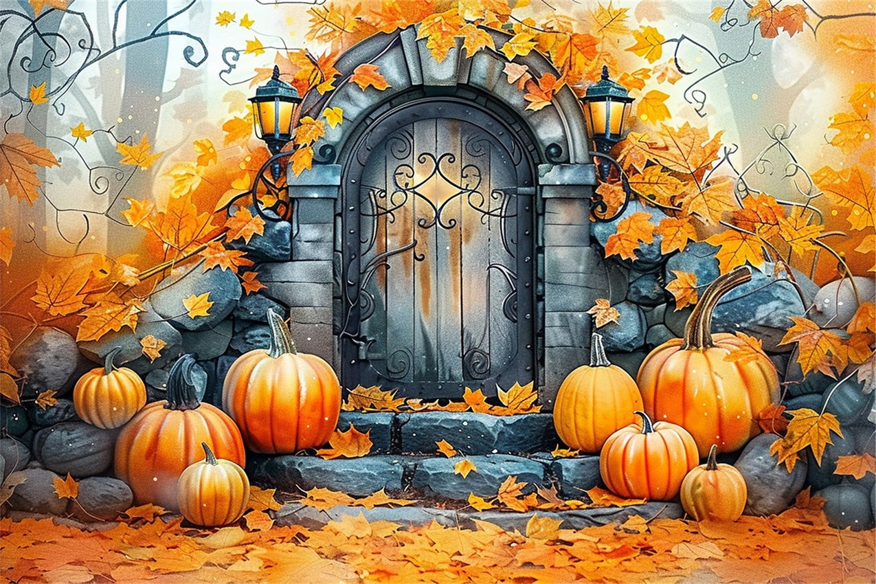 Charming Stone Door Pumpkins Fall Leaves Backdrop BRP9-175